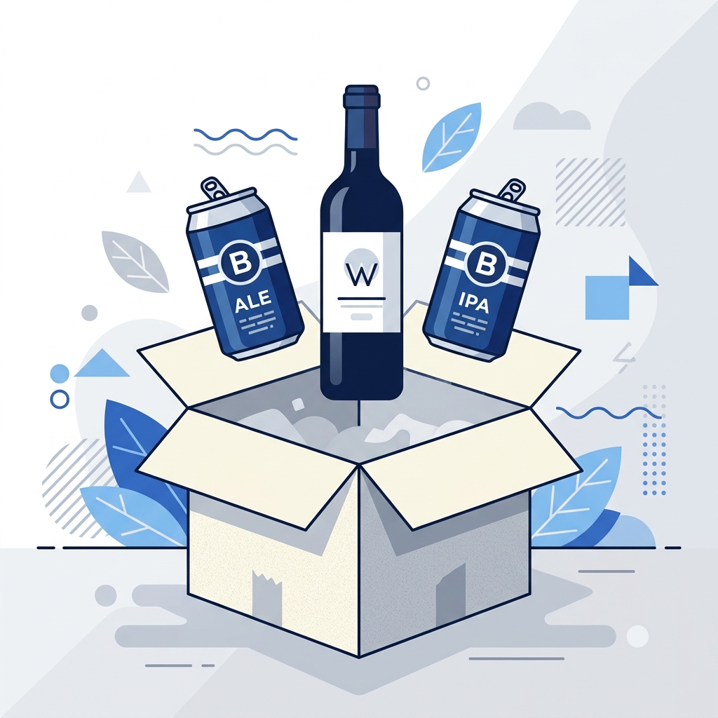 Illustration of a wine bottle and beer cans over a shipping box